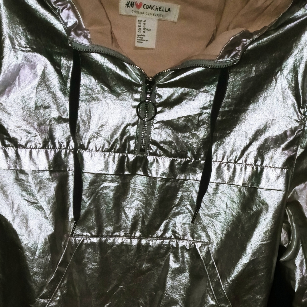 H&M Coachella Silver Windbreaker size 10 lightweight reflective silver jacket